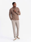 Męski strukturalny longsleeve polo z naszywką – brązowy V4 OM-POLS-0131