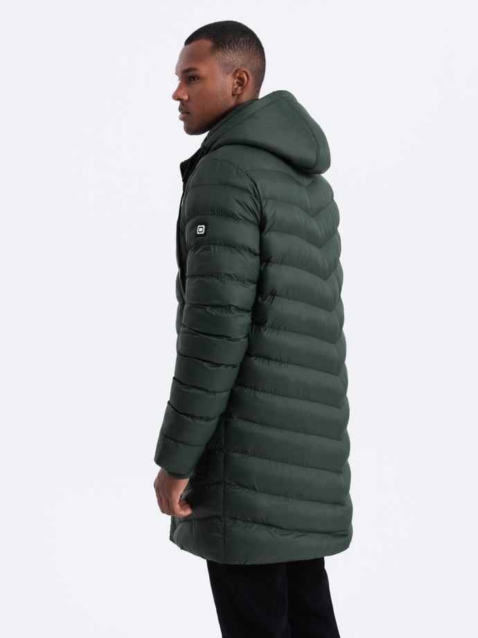 Kurtka męska zimowa parka pikowana - ciemnooliwkowa V1 OM-JALJ-0100