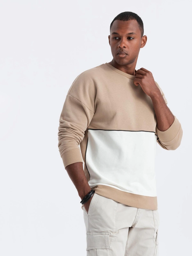 Bluza męska OVERSIZE z kontrastowym łączeniem kolorów - beżowa V2 B1673