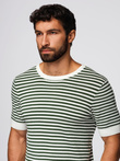 Męski dzianinowy t-shirt w marynarskie paski z ażurowym splotem – oliwkowo-biały V3 OM-TSCT-0255