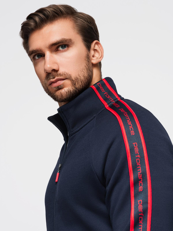 Bluza męska rozpinana z lampasami i wysoką stójką – granatowa V3 OM-SSZP-0224