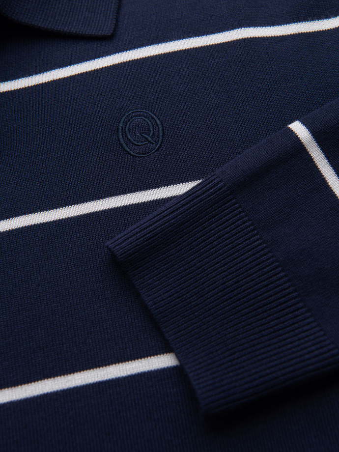Męski longsleeve polo w poziome paski z wiskozą – granatowo-biały V1 OM-POLS-0146