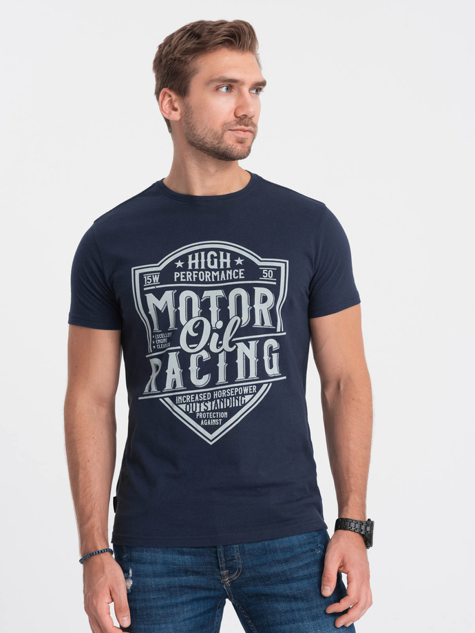 T-shirt męski bawełniany z nadrukiem - granatowy V4 S1735