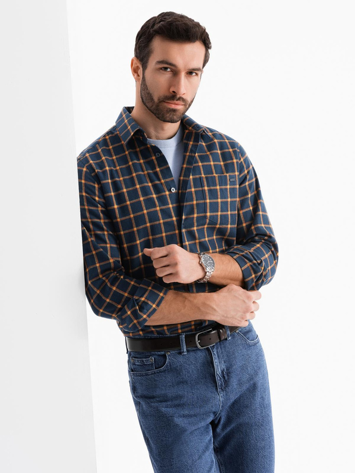 Męska flanelowa koszula w kratę SLIM FIT - granatowo-pomarańczowa V1 OM-SHCS-0145