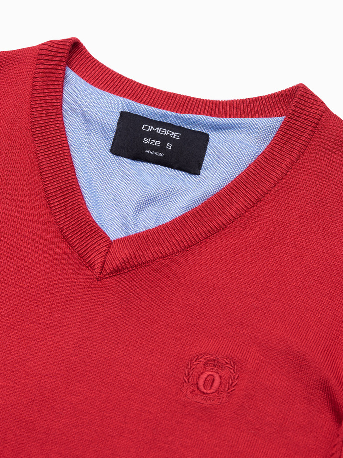 Sweter męski z haftem - czerwony V20 E191