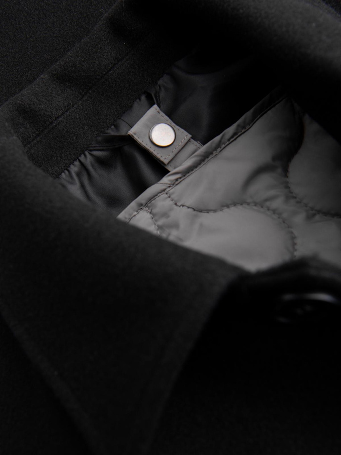 Męski długi jednorzędowy płaszcz z kołnierzykiem i podpinką – czarny V1 OM-COWC-0135