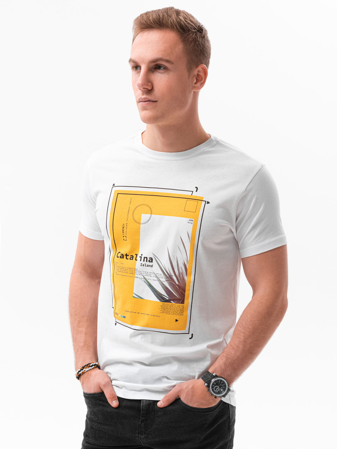 T-shirt męski z nadrukiem - biały V-13A S1434