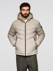 Kurtka męska pikowana z łączonych materiałów z wysokim kołnierzem – beżowa V4 OM-JALP-0172