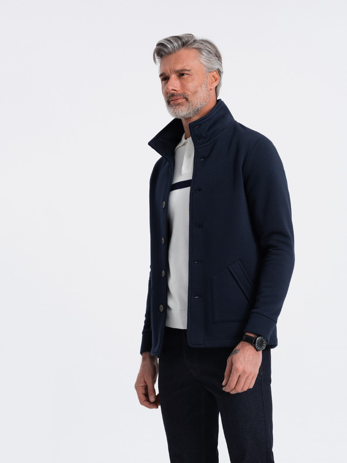 Męska bluza casual ze stójką zapinana na guziki - granatowa V4 OM-SSZP-0171