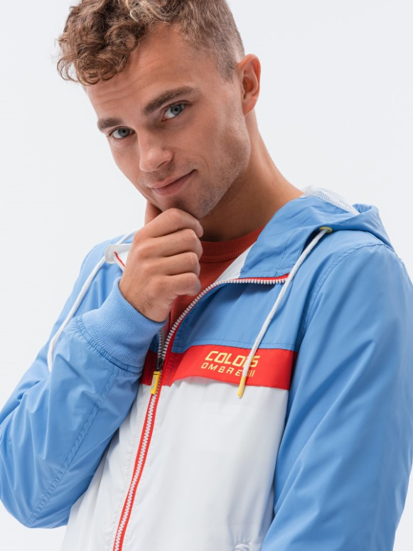 Kurtka męska wiatrówka z kapturem - niebieska V2 C631