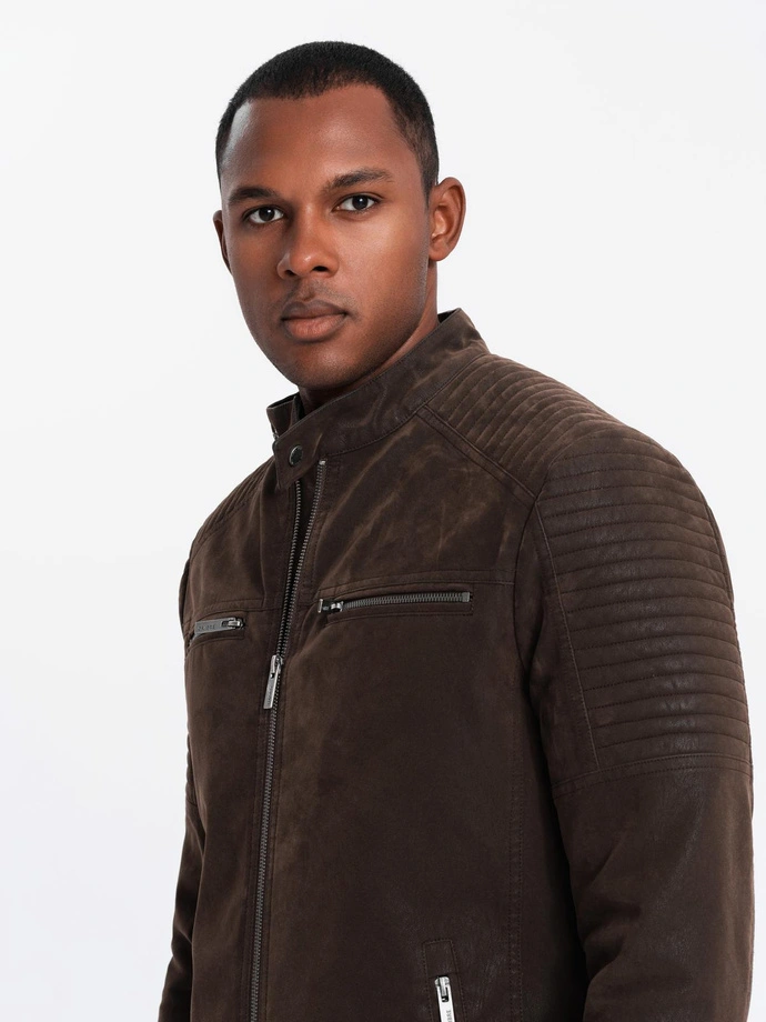 Męska kurtka biker w stylu retro ze stójką – brązowa V1 OM-JAFL-0197