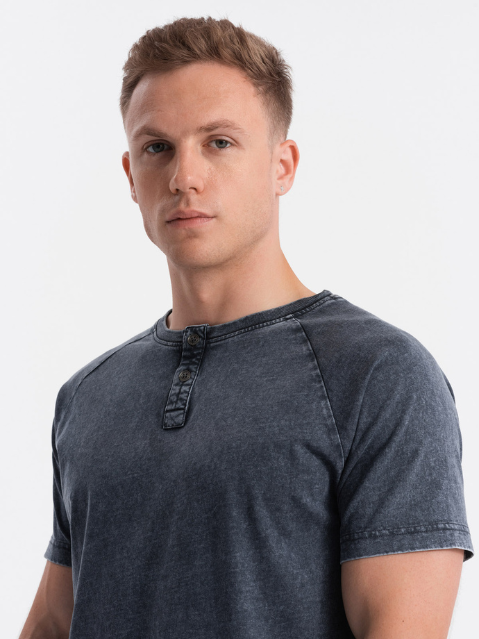 T-shirt męski z dekoltem henley - granatowy V2 S1757