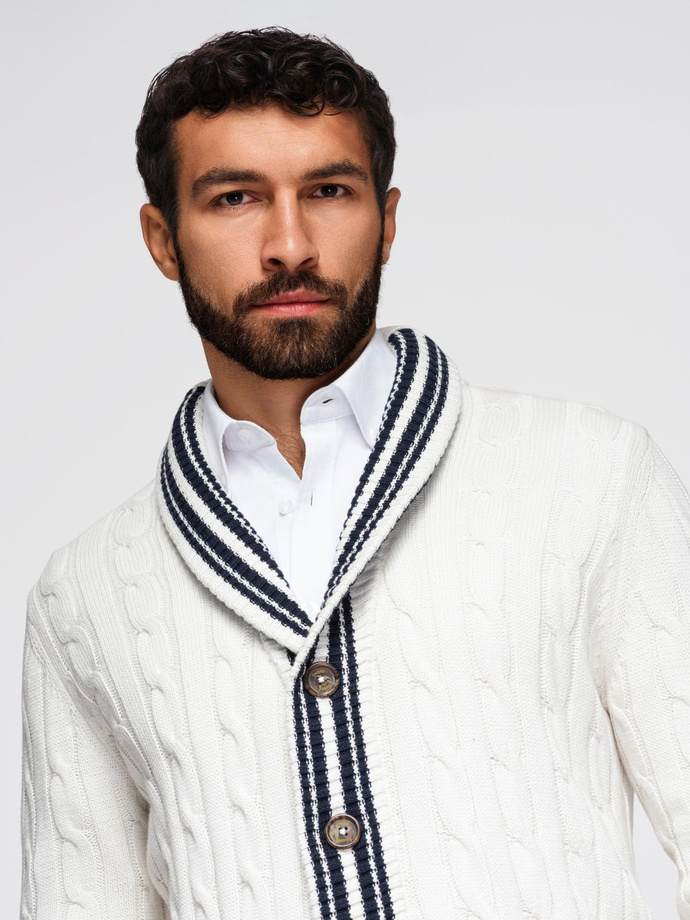 Sweter męski kardigan z szalowym kołnierzem w stylu preppy - biały V1 OM-SWCD-0152
