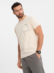 Męski bawełniany t-shirt z printowaną kieszonką  – kremowy V2 OM-TSPT-0228