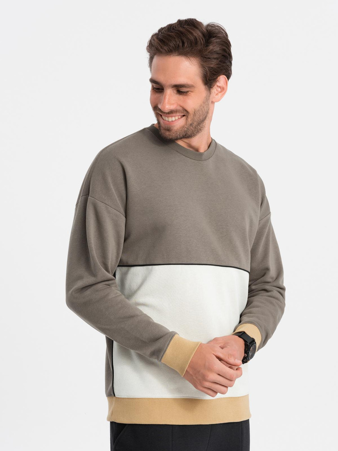 Bluza męska OVERSIZE z kontrastowym łączeniem kolorów -  khaki V7 B1673