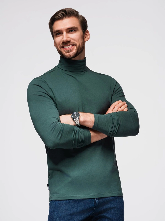 Męski longsleeve gładki z golfem - ciemnozielony V7 OM-OM-LSCL-0130