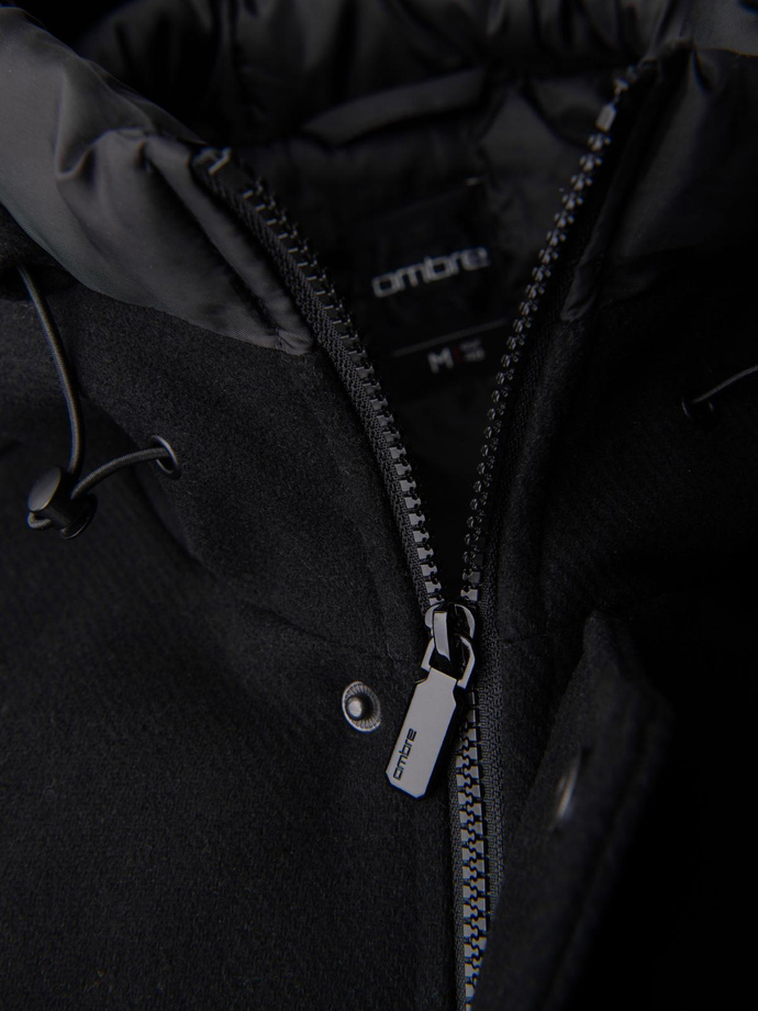 Płaszcz męski parka z wełną i kapturem - czarny V1 OM-COWC-0132