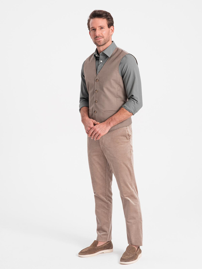 Kamizelka męska garniturowa bez klap - beżowa V2 OM-BLZV-0112