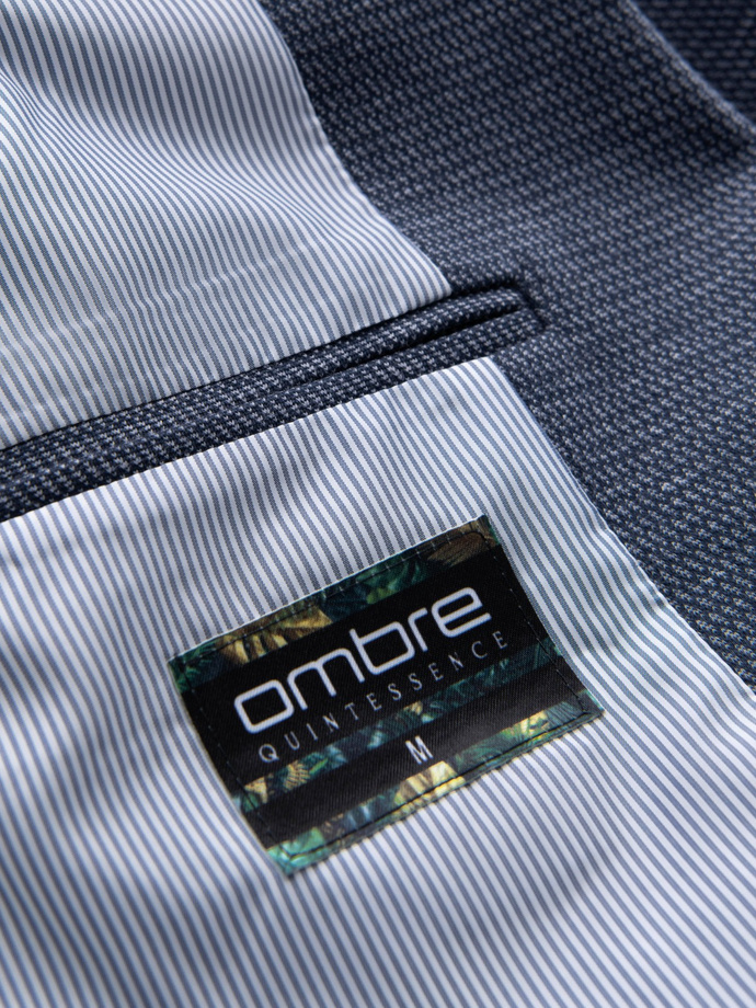 Dopasowana elegancka męska marynarka ze strukturalnej dzianiny – granatowa V1 OM-BLZB-0129