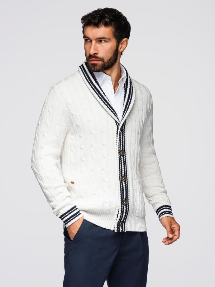 Sweter męski kardigan z szalowym kołnierzem w stylu preppy - biały V1 OM-SWCD-0152