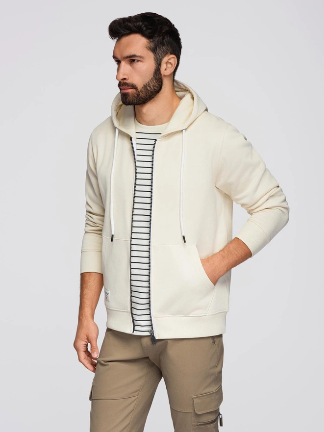 Męska bluza dresowa BASIC rozpinana z kapturem - kremowa V11 OM-SSBZ-0178