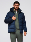 Męska kurtka z asymetrycznym pikowaniem i kapturem - granatowa V4 OM-JAHP-0304