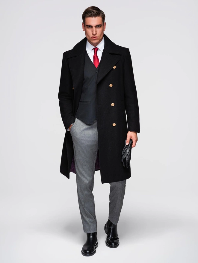 Elegancki militarny dwurzędowy płaszcz męski z wełną - czarny V1 OM-COWC-0145