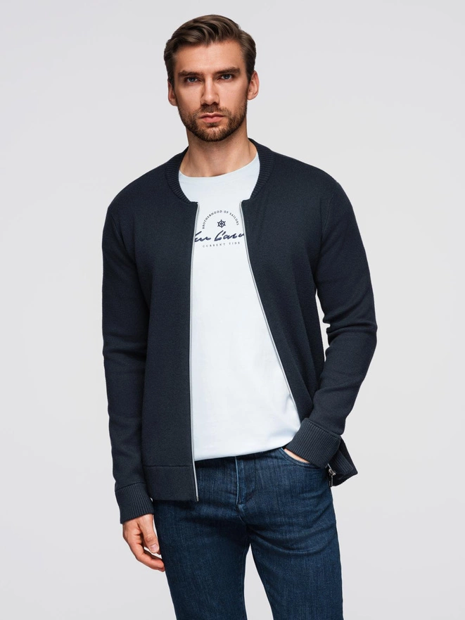 Sweter męski gładki na zamek – granatowy V1 OM-SWZS-0146