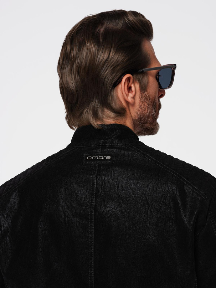 Kurtka męska biker ze stójką w stylu retro – czarna V2 OM-JAFL-0197