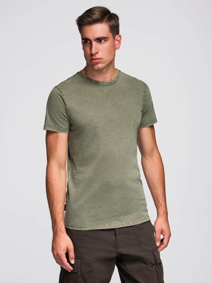 Męski t-shirt z efektem sprania – oliwkowy V4 OM-TSWT-0116