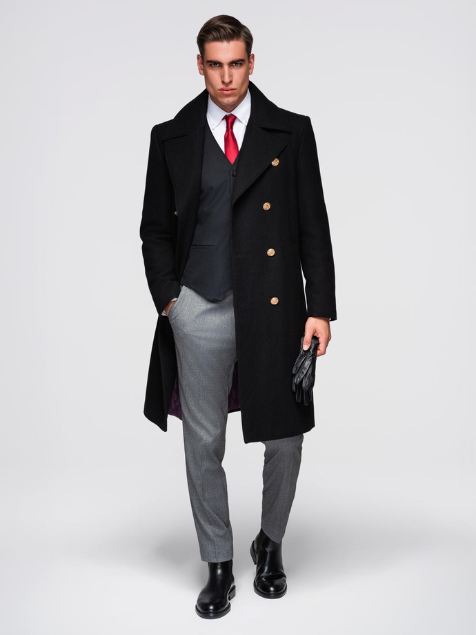 Elegancki militarny dwurzędowy płaszcz męski z wełną - czarny V1 OM-COWC-0145