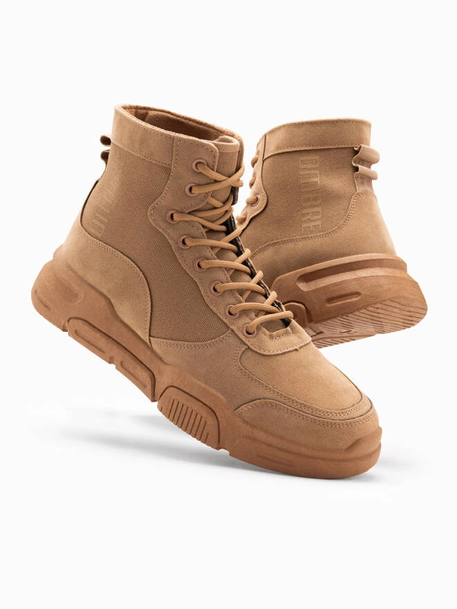 Męskie buty sneakersy za kostkę z rzeźbioną podeszwą – piaskowe V3 T392