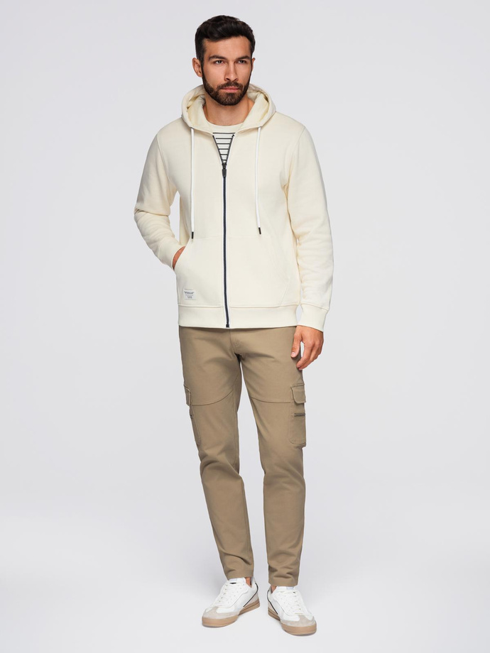 Męska bluza dresowa BASIC rozpinana z kapturem - kremowa V11 OM-SSBZ-0178