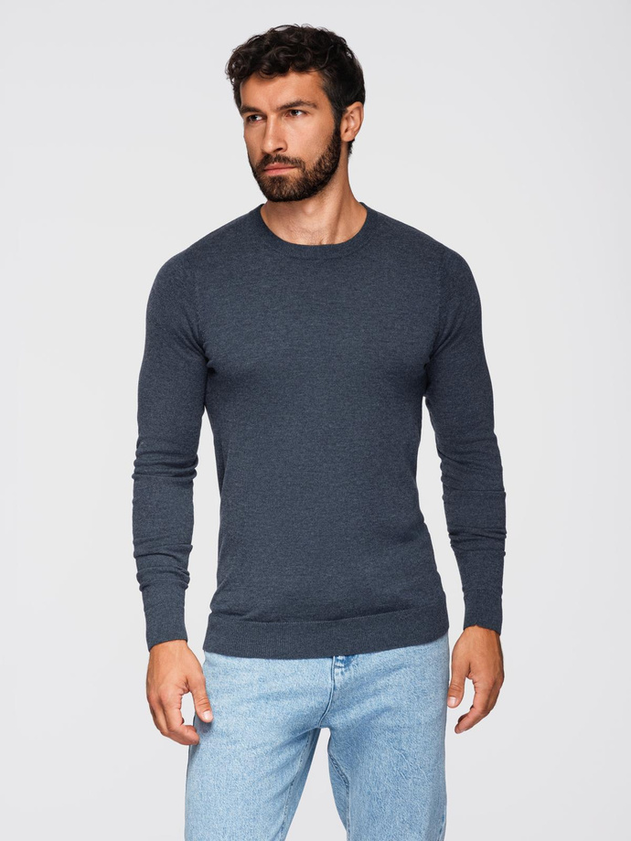 Sweter klasyczny męski z wiskozą BASIC z okrągłym dekoltem – granatowy melanż V16 OM-SWBS-0106
