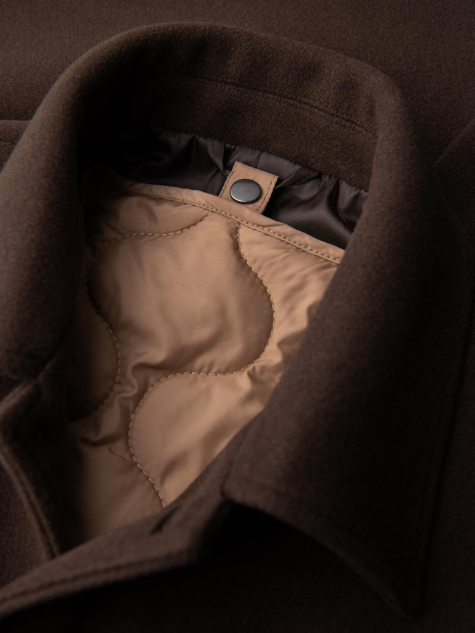 Jednorzędowy męski długi płaszcz z kołnierzykiem i podpinką – brązowy V4 OM-COWC-0135