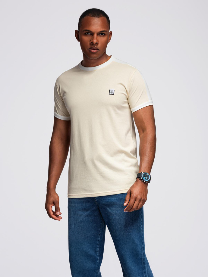 Męski t-shirt z kontrastowymi lampasami – kremowy V7 OM-TSCT-0115