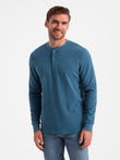 Longsleeve męski z dzianiny waflowej zapinany pod szyją – niebieski denim V4 OM-LSCL-0120
