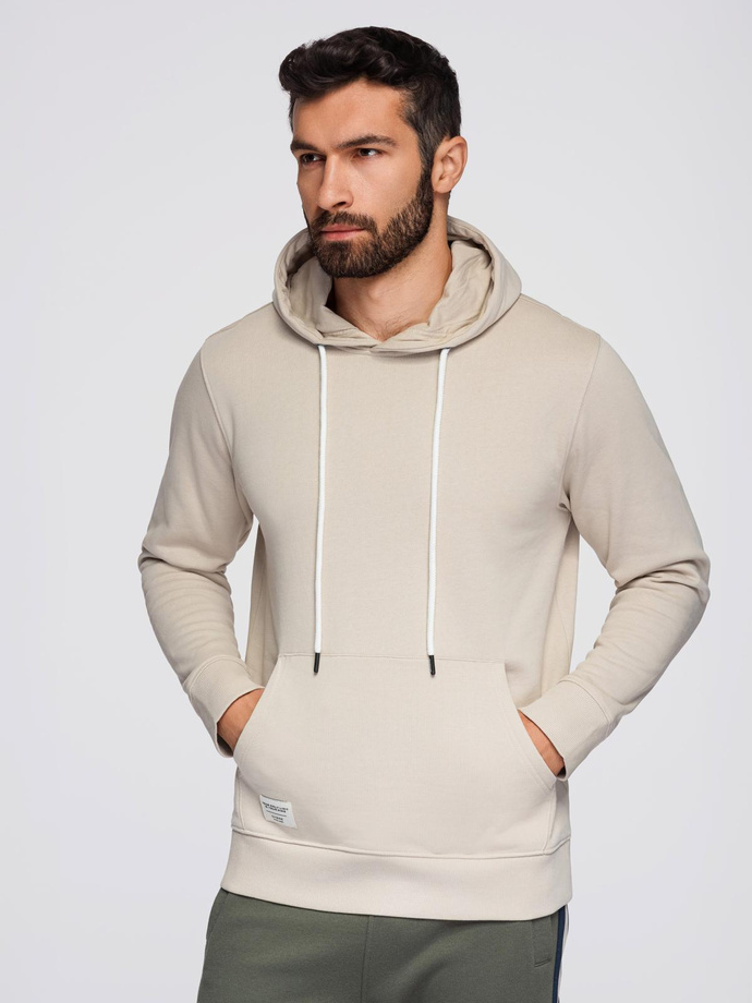 Męska bluza dresowa BASIC kangurka z kapturem - jasnobeżowa V1 B1674