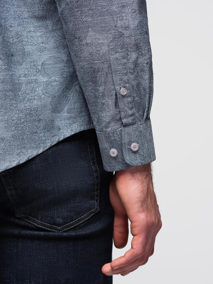 Klasyczna flanelowa męska koszula bawełniana w kwiaty - szara V3 OM-SHCS-0157
