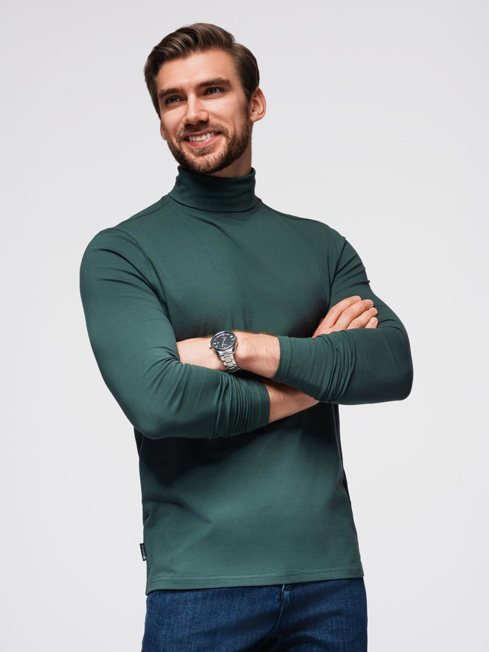 Męski longsleeve gładki z golfem - ciemnozielony V7 OM-OM-LSCL-0130