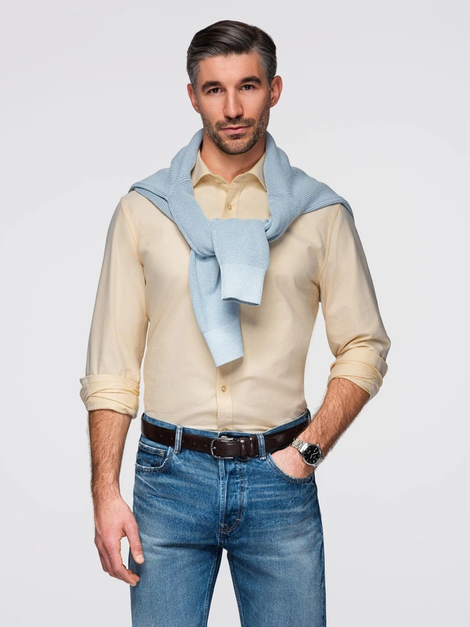 Pastelowa bawełniana męska koszula typu oxford – jasnożółta V3 OM-SHOS-0183