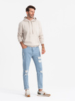Washowane męskie jeansowe spodnie TAPERED FIT z przetarciami – błękitne V1 OM-PADP-0163