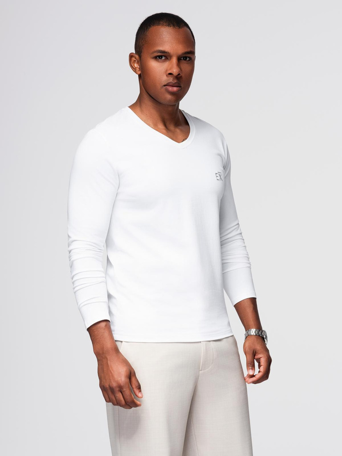 Męski longsleeve V-neck SLIM FIT z elastanem i printem – biały V2 OM-LSBC-0123