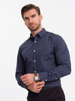 Męska koszula bawełniana we wzory SLIM FIT - ciemnoniebieska V1 OM-SHCS-0151