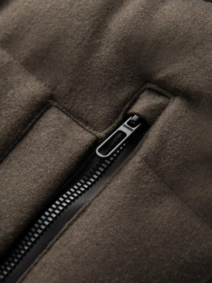 Męska kurtka casualowa puffer z wełną – ciemnooliwkowy melanż V4 OM-JAHP-0203