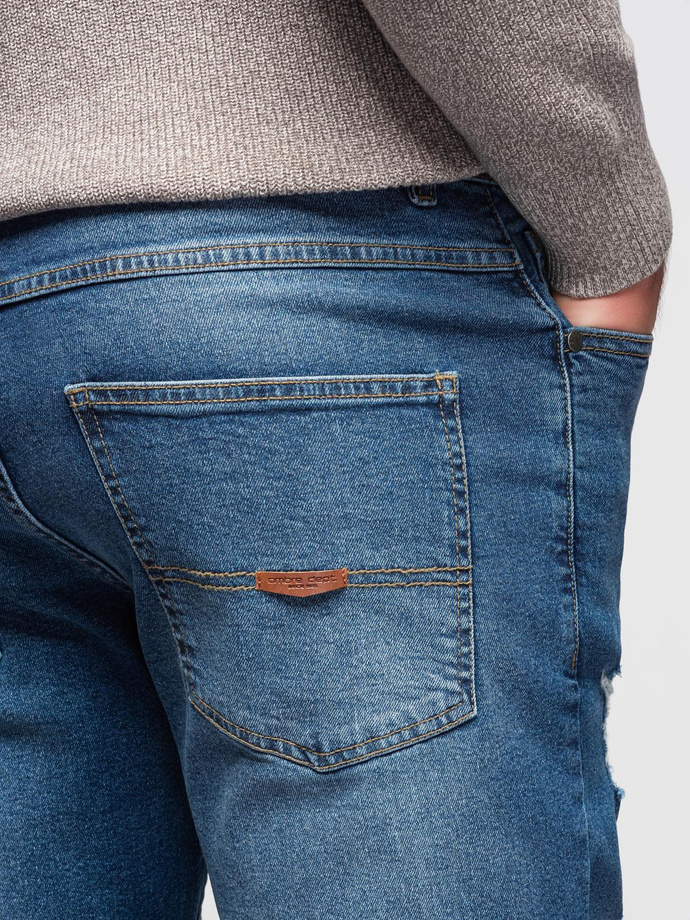 Męskie spodnie jeansowe SLIM FIT z przetarciami - ciemnoniebieskie V2 OM-PADP-0255