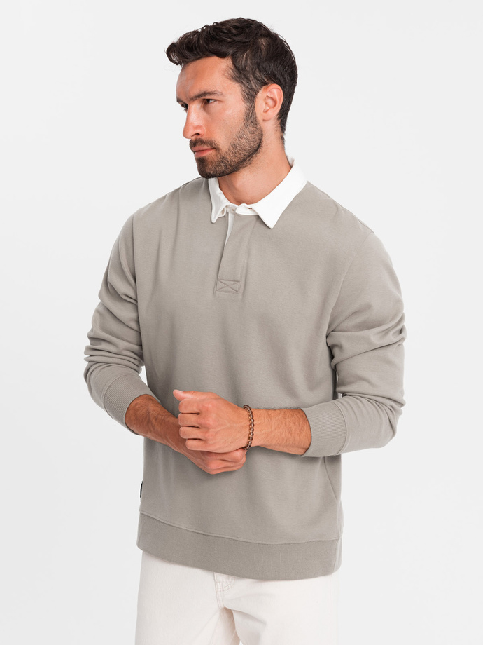 Bluza męska z białym kołnierzykiem polo - ciemnobeżowa V2 OM-SSNZ-0132