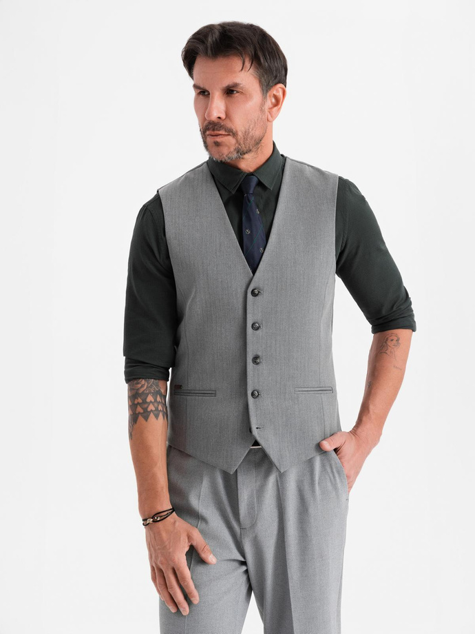 Elegancka męska kamizelka w jodełkę SLIM FIT - szara V1 OM-BLZV-0143