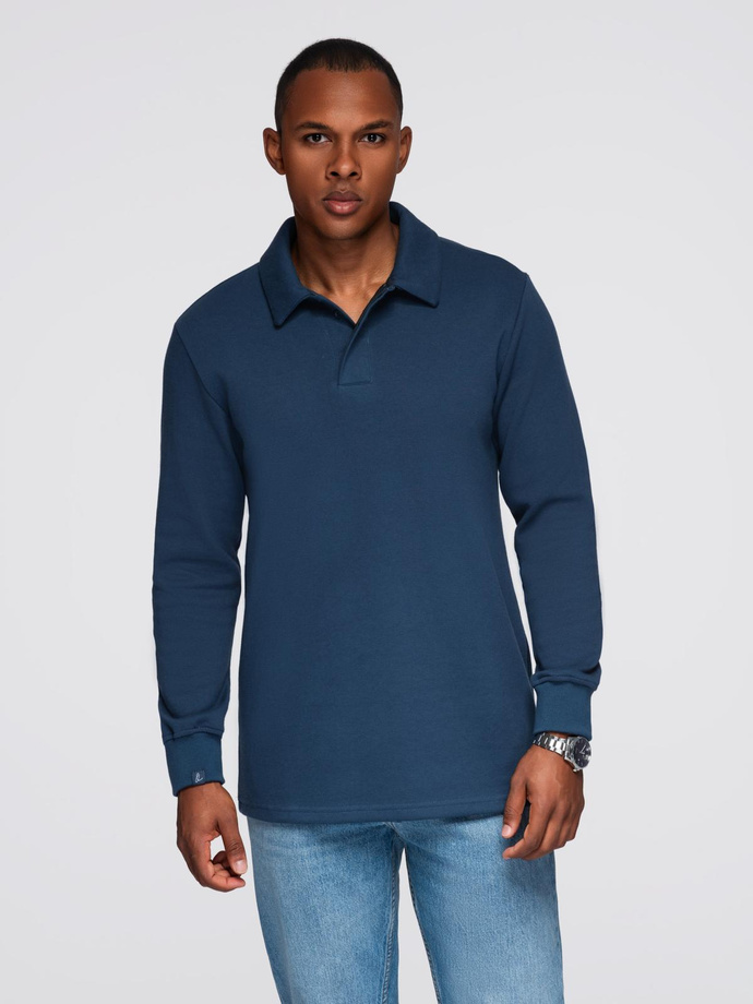 Bluza męska z kołnierzykiem polo ze strukturalnej dzianiny - ciemnoniebieska V5 OM-SSNZ-0149