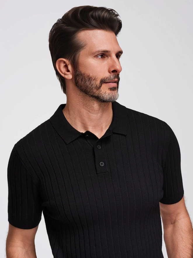Męska koszulka polo z wiskozą SLIM FIT w pionowy prążek – czarna V1 OM-POSS-0143